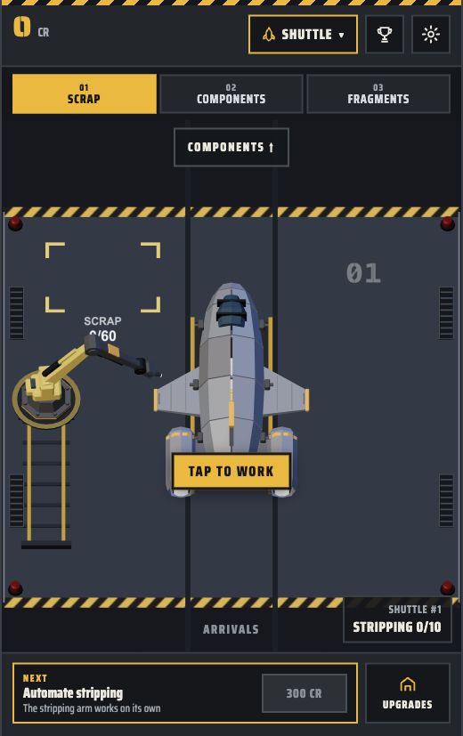 Wreckonomics gameplay: a shuttle and robotic salvage arm in the 3D scrap bay, with scrap, component and fragment production sections.